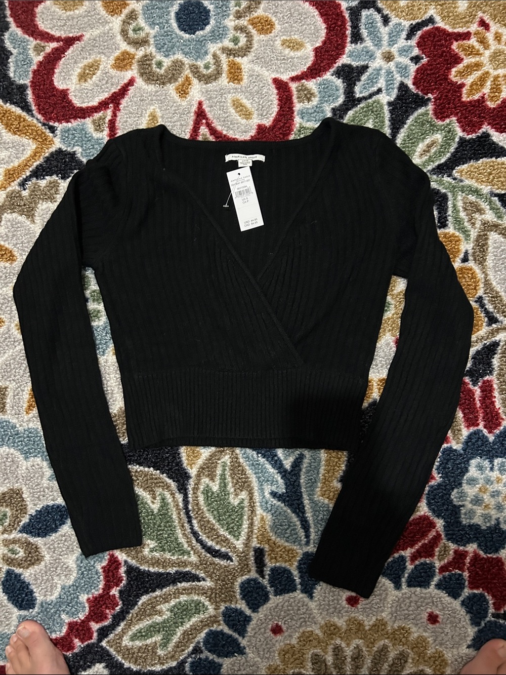 American Eagle Outfitters Black Ribbed V-Neck Wrap Crop Sweater